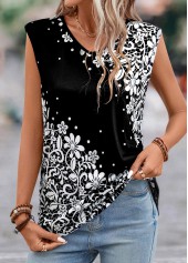 Floral Print Lightweight Black V Neck T Shirt