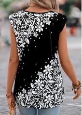 Floral Print Lightweight Black V Neck T Shirt