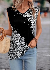 Floral Print Lightweight Black V Neck T Shirt