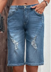 Dark Blue Button Fly Hole Denim Shorts