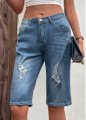 Dark Blue Button Fly Hole Denim Shorts