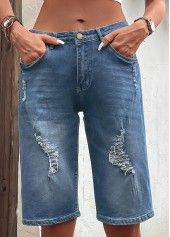 Dark Blue Button Fly Hole Denim Shorts