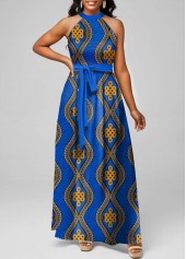 Tribal Print Tie Belted Blue Maxi Dress