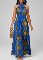 Tribal Print Tie Belted Blue Maxi Dress