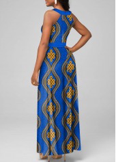 Tribal Print Tie Belted Blue Maxi Dress