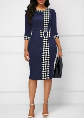Plaid Bowknot Blue Round Neck Bodycon Dress
