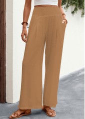 Light Coffee Elastic Waist High Waisted Smocked Pants