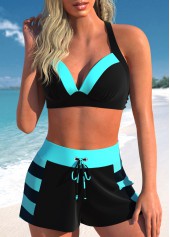 High Waisted Striped Patchwork Black Bikini Set
