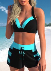 High Waisted Striped Patchwork Black Bikini Set