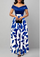 Leaf Print Surplice Dark Blue Maxi Dress