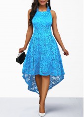 Blue High Low Round Neck Sleeveless Lace Dress