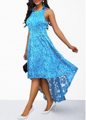 Blue High Low Round Neck Sleeveless Lace Dress