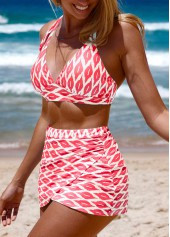 High Waisted Geometric Print Cross Hem Bikini Set