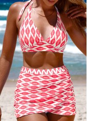 High Waisted Geometric Print Cross Hem Bikini Set