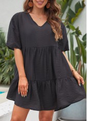 Ruched V Neck Breathable Black Cover Up