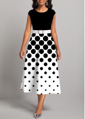 Polka Dot Corset Belted Black Round Neck Dress
