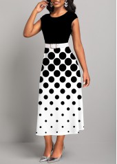 Polka Dot Corset Belted Black Round Neck Dress
