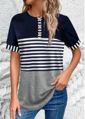Striped Button Navy Round Neck T Shirt