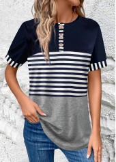 Striped Button Navy Round Neck T Shirt