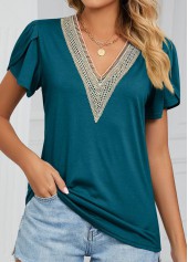 V Neck Patchwork Blackish Green T Shirt