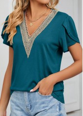 V Neck Patchwork Blackish Green T Shirt