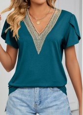 V Neck Patchwork Blackish Green T Shirt