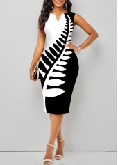 Leaf Print Split Black Sleeveless Bodycon Dress