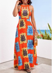 Tribal Print Cage Neck Multi Color Maxi Dress