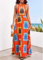Tribal Print Cage Neck Multi Color Maxi Dress