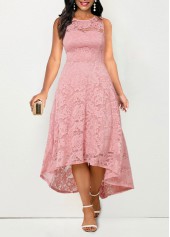 Lace Patchwork Pink High Low Sleeveless Dress