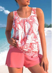 Mid Waisted Floral Print Bowknot Coral Tankini Set