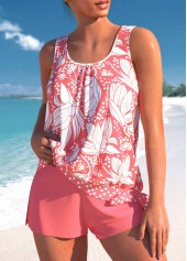 Mid Waisted Floral Print Bowknot Coral Tankini Set