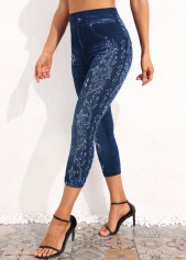 Floral Print Denim Blue Elastic Waist Leggings