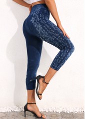 Floral Print Denim Blue Elastic Waist Leggings