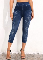 Floral Print Denim Blue Elastic Waist Leggings