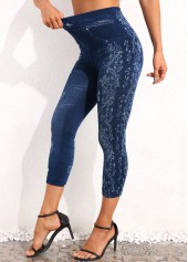 Floral Print Denim Blue Elastic Waist Leggings