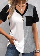 Plus Size Black Patchwork Short Sleeve T Shirt