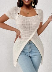 Button Detail Patchwork Beige Square Neck T Shirt