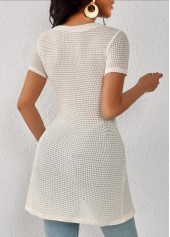 Button Detail Patchwork Beige Square Neck T Shirt