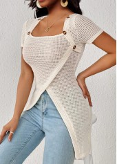 Button Detail Patchwork Beige Square Neck T Shirt