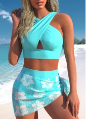 High Waisted Tropical Plants Print Mesh Bikini Set