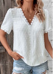 Lace White V Neck Short Sleeve T Shirt