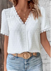 Lace White V Neck Short Sleeve T Shirt
