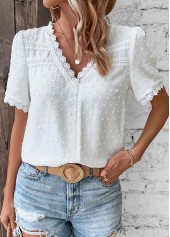 Lace White V Neck Short Sleeve T Shirt