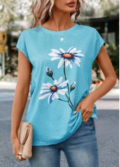 Round Neck Floral Print Sky Blue T Shirt
