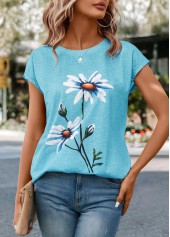 Round Neck Floral Print Sky Blue T Shirt