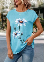 Round Neck Floral Print Sky Blue T Shirt