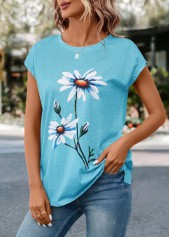 Round Neck Floral Print Sky Blue T Shirt