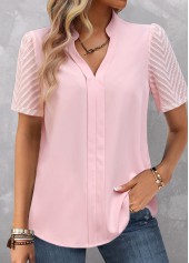 Patchwork Light Pink Short Sleeve Split Neck Blouse