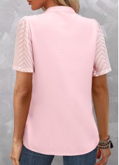 Patchwork Light Pink Short Sleeve Split Neck Blouse